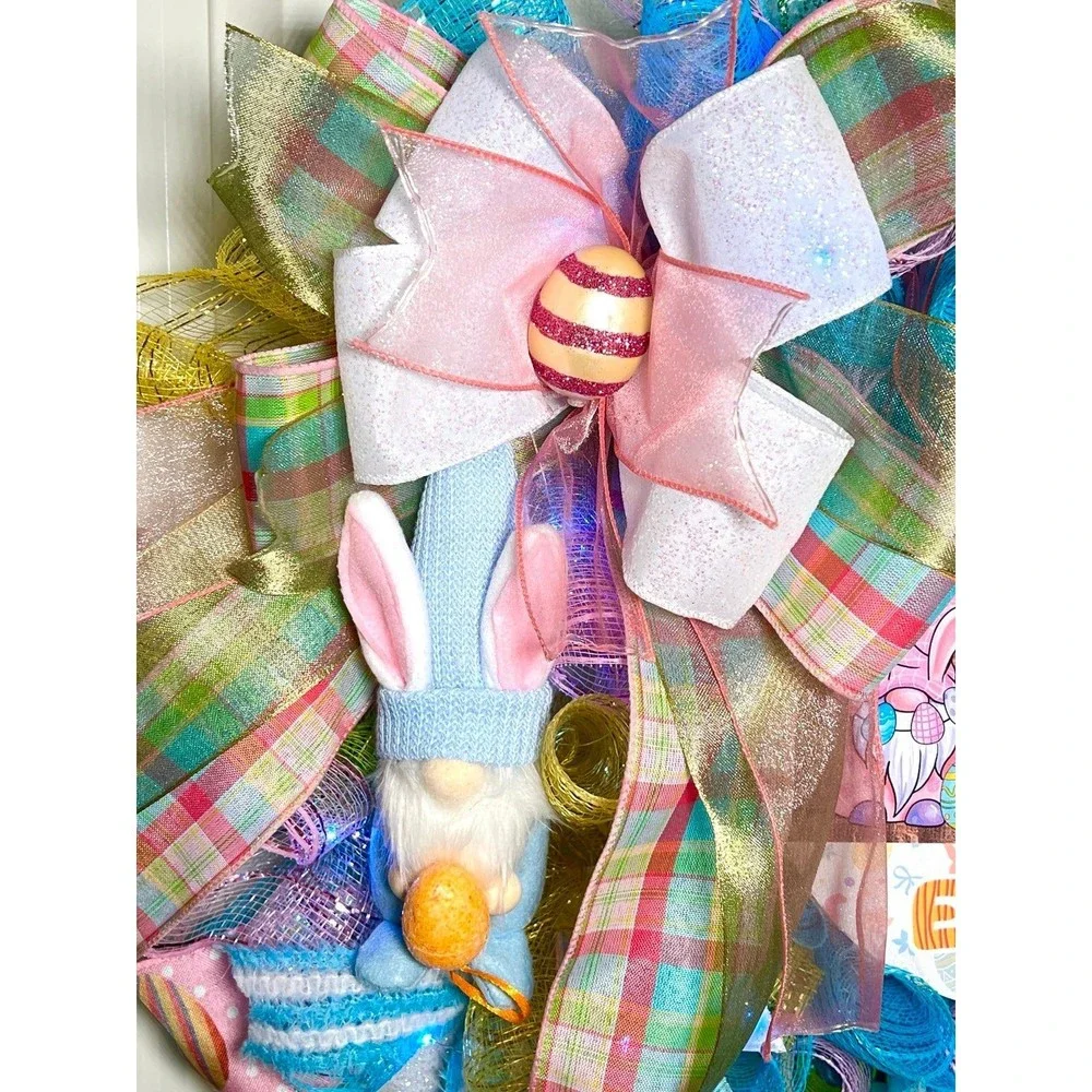 Handmade Easter Bunny Gnome Prelit Ribbon Wreath 22 in LED W10